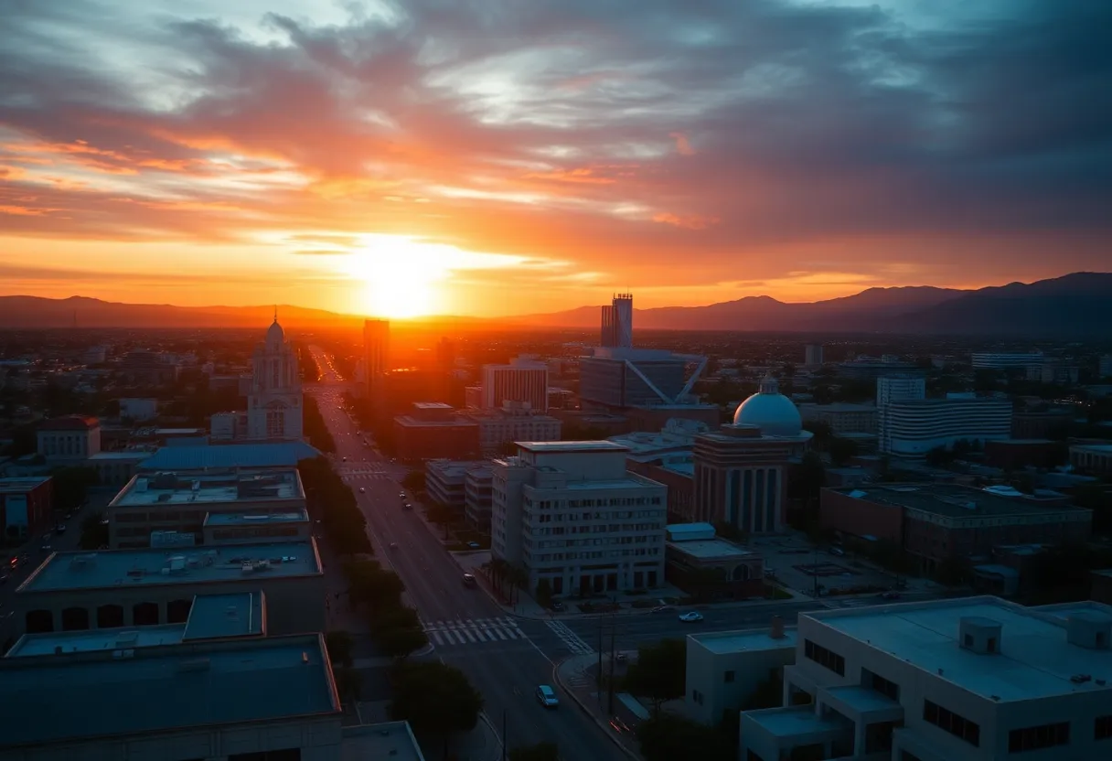 Aerial view of California film studios with city skyline