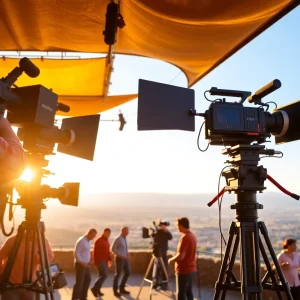 Film production set in California with crew members working