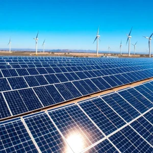 Aerial view of solar panels and wind turbines in California