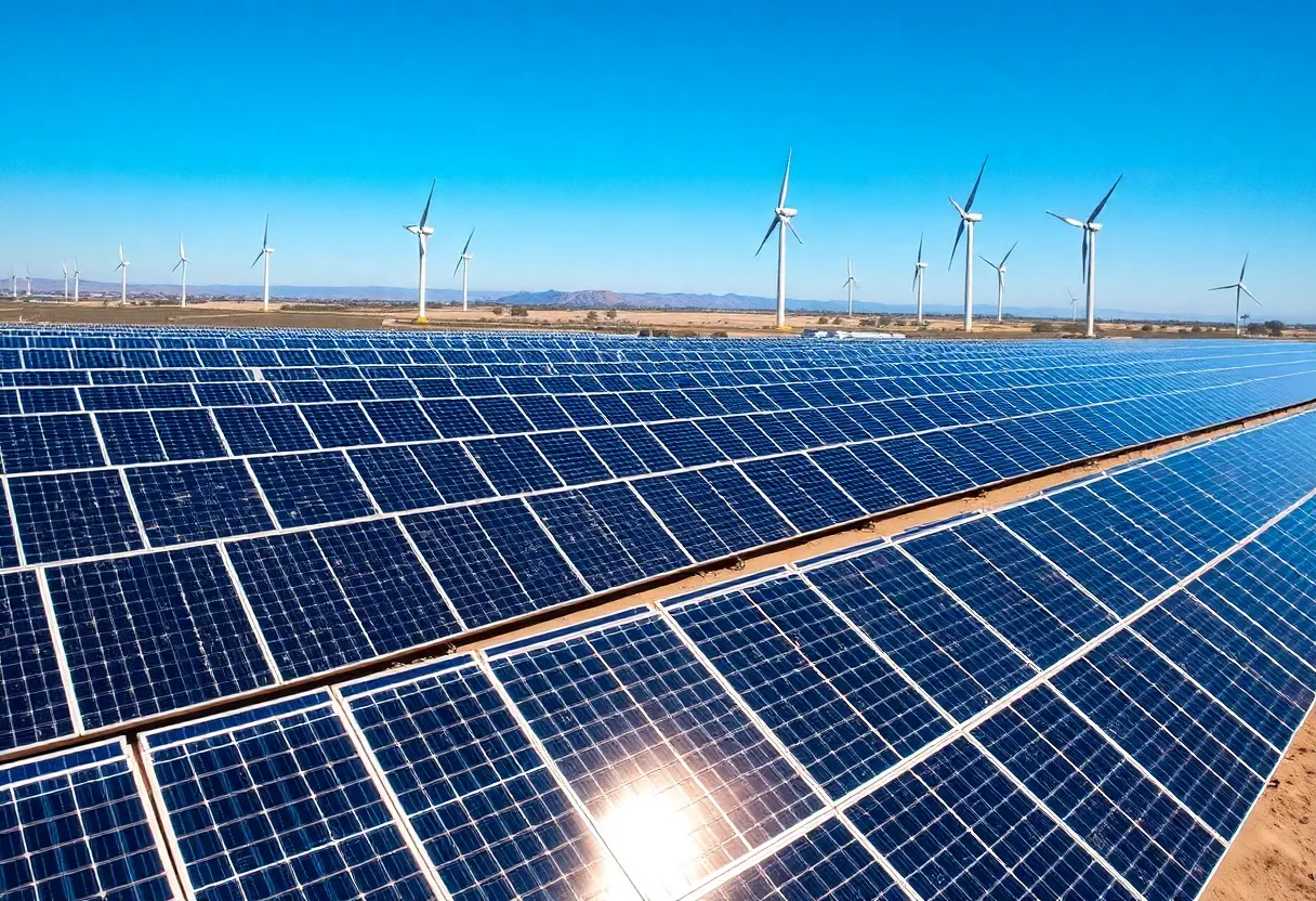 Aerial view of solar panels and wind turbines in California