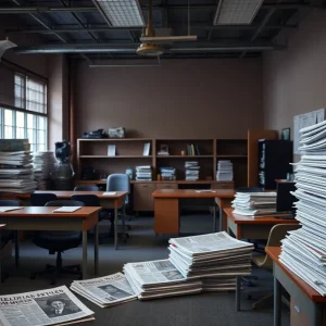 Representation of a newsroom facing financial difficulties
