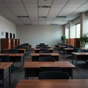 California state office building with empty desks.