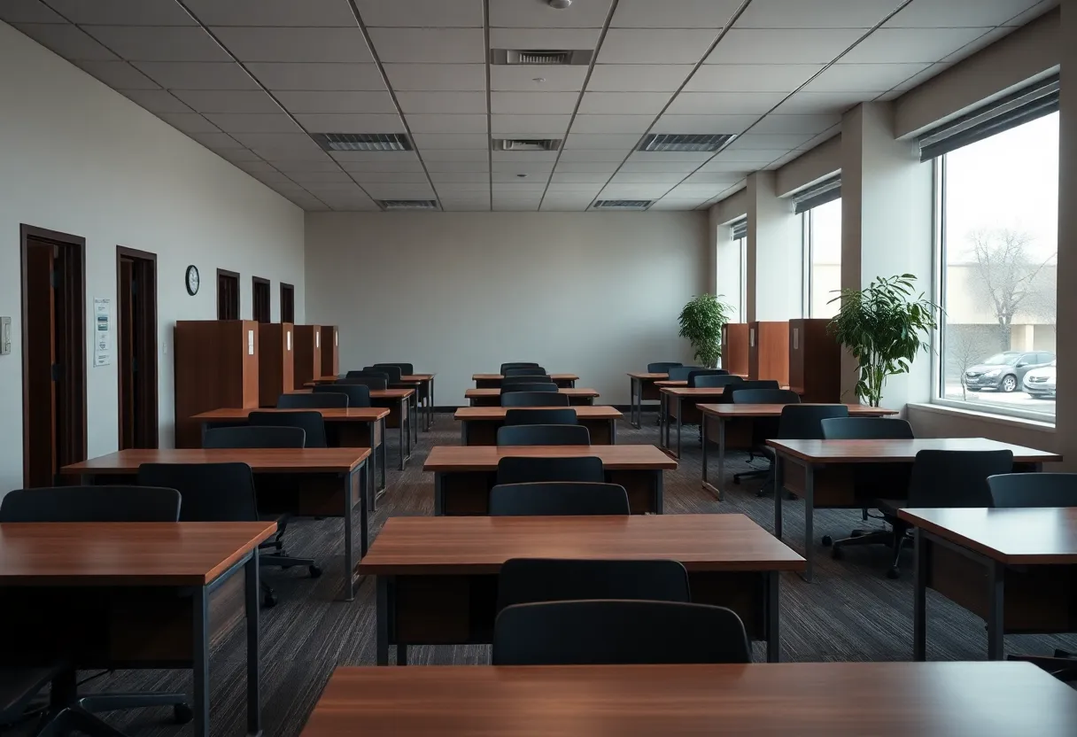 California state office building with empty desks.