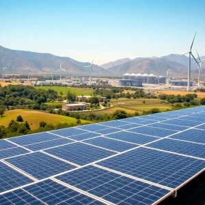 California landscape featuring solar panels and wind turbines