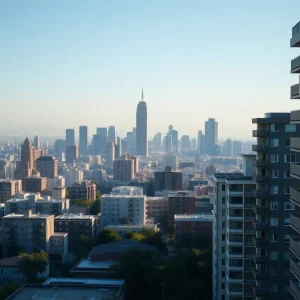 High-rise apartments in California with 'For Rent' signs.