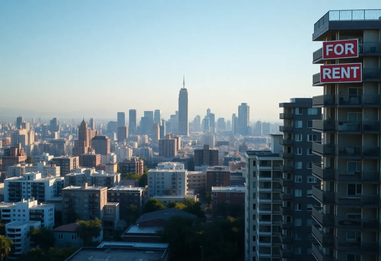 High-rise apartments in California with 'For Rent' signs.