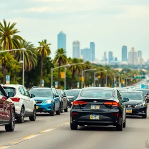 California street with gas-powered and electric vehicles