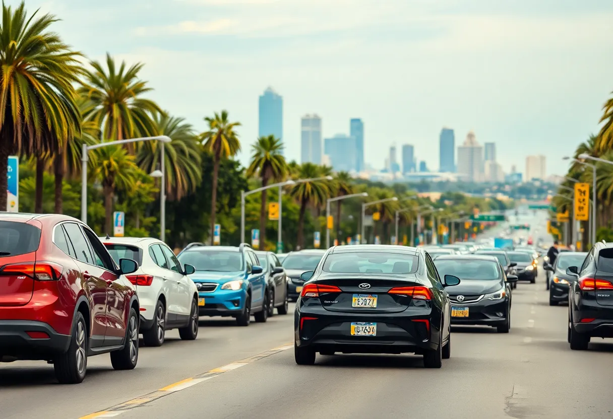 California street with gas-powered and electric vehicles