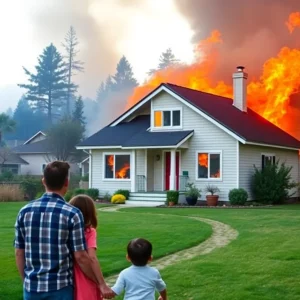 A house threatened by wildfires in California illustrating insurance challenges.