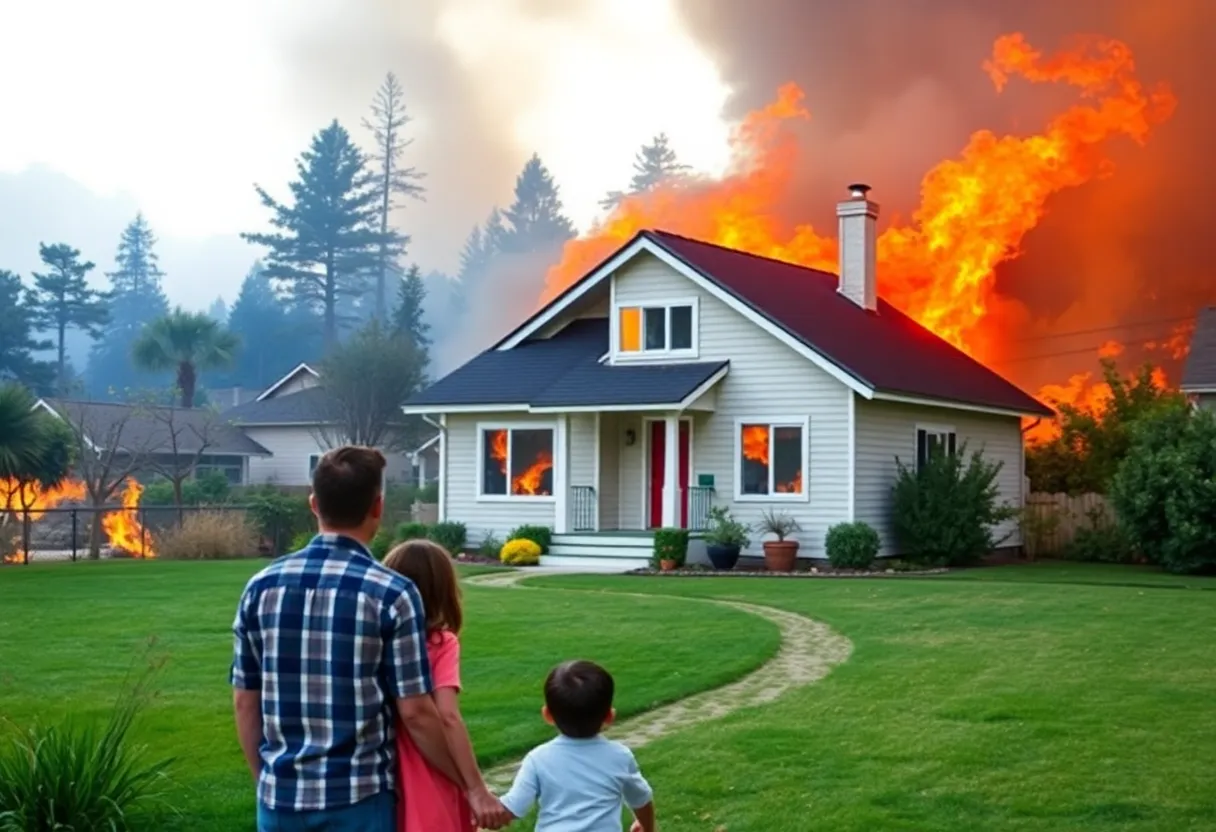 A house threatened by wildfires in California illustrating insurance challenges.