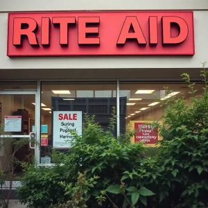Exterior of a closed Rite Aid pharmacy with a sale sign