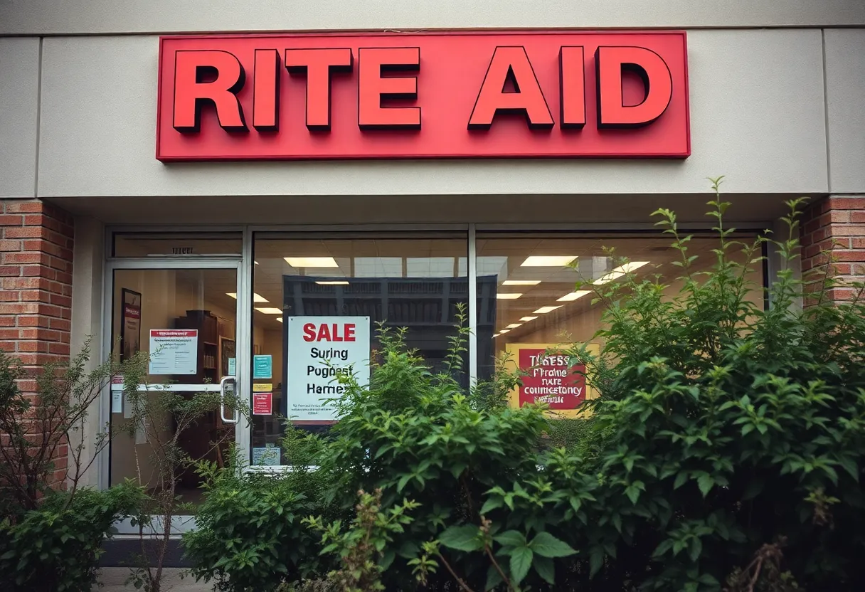 Exterior of a closed Rite Aid pharmacy with a sale sign