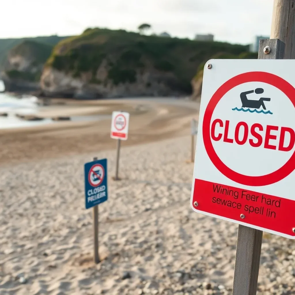 Closed beach area with warning signs following a sewage spill