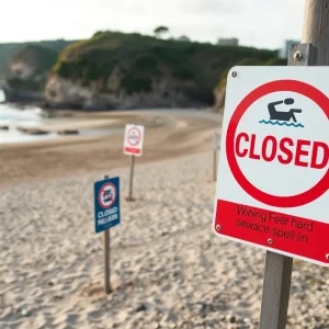 Closed beach area with warning signs following a sewage spill