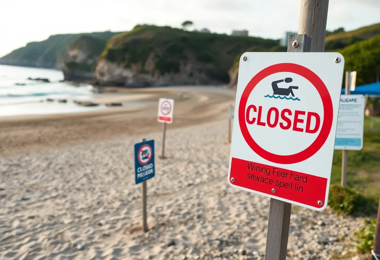 Closed beach area with warning signs following a sewage spill