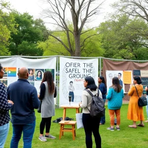 People discussing homelessness at a community event with art displays.