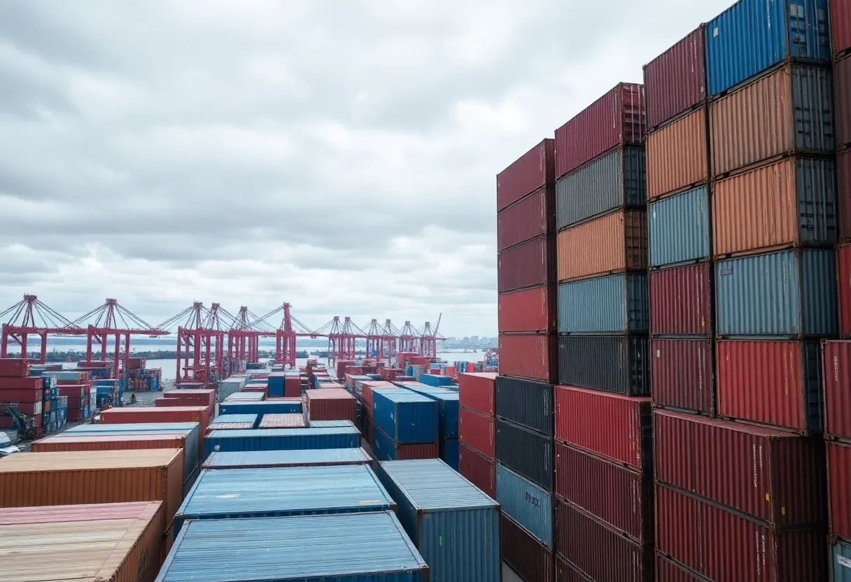 Shipping containers at a port reflecting decline in volumes