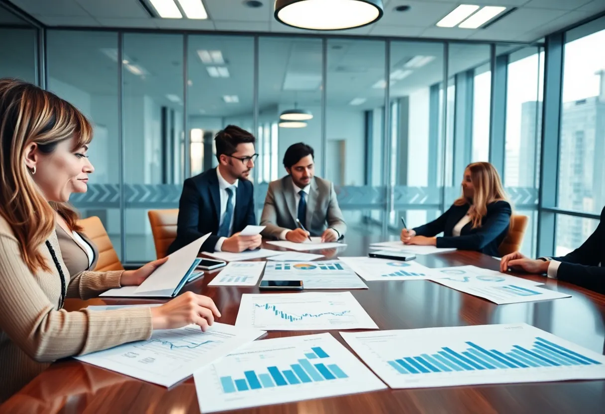 Team meeting discussing financial strategies in a modern boardroom