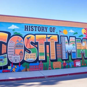 A mural representing Costa Mesa's history, featuring local landmarks.