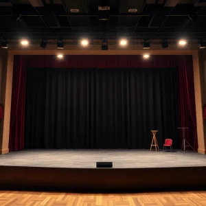 Interior of the Costa Mesa Playhouse theater with empty seats and stage equipment.