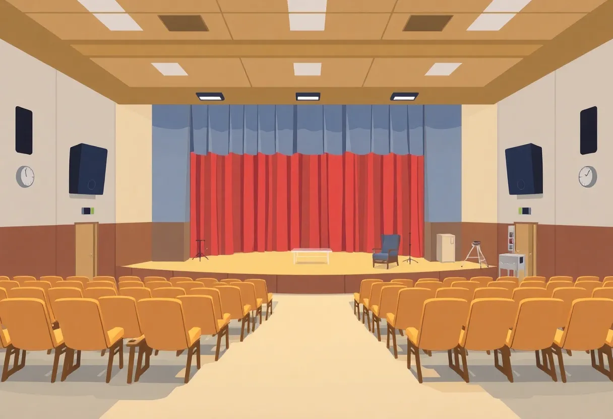 Interior of the Costa Mesa Playhouse theater with empty seats and stage equipment.