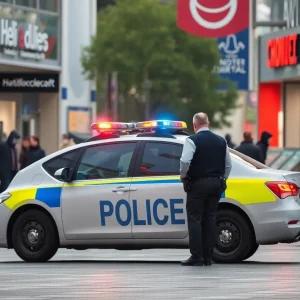 Police car near a retail store during theft investigation