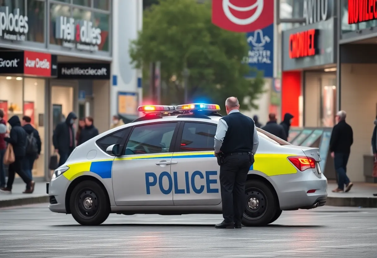 Police car near a retail store during theft investigation