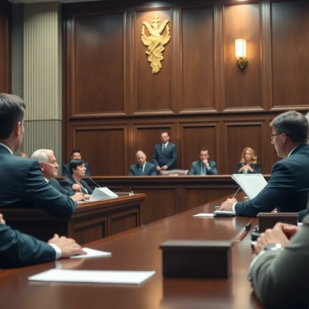 Courtroom scene representing justice and whistleblower retaliation.