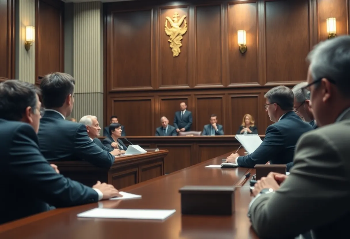 Courtroom scene representing justice and whistleblower retaliation.