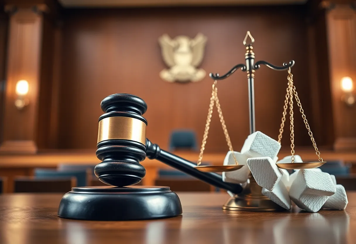 Courtroom scene symbolizing justice in drug trafficking