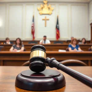 A courtroom scene depicting jurors and a gavel symbolizing justice.