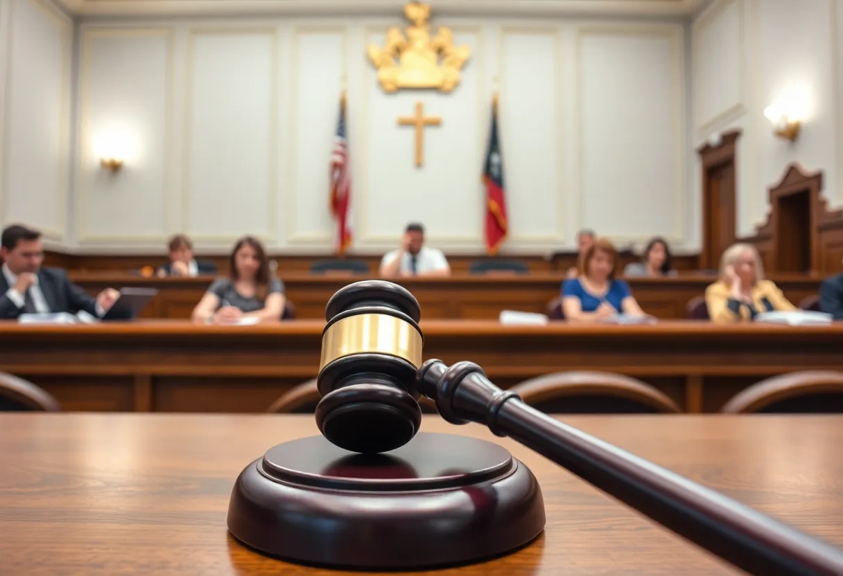 A courtroom scene depicting jurors and a gavel symbolizing justice.