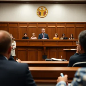 Courtroom featuring a legal case on misconduct allegations