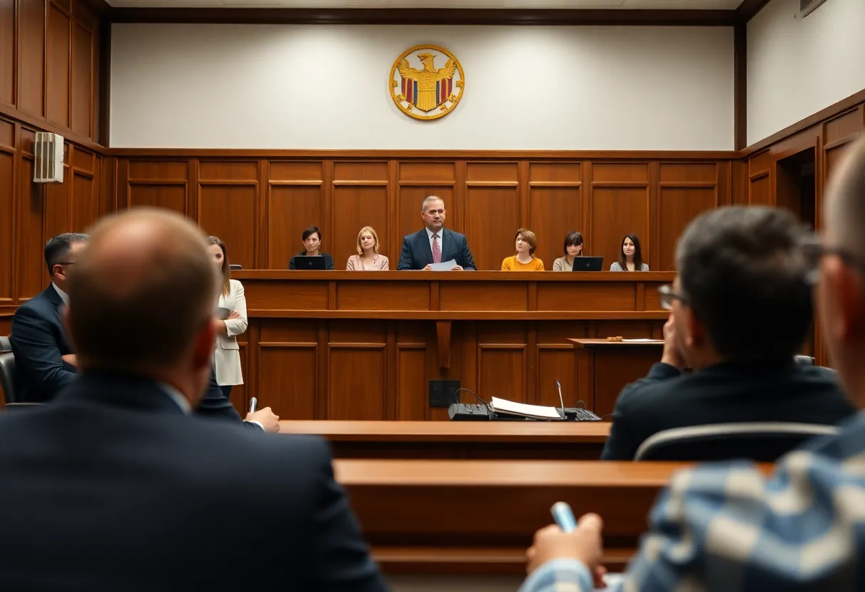 Courtroom featuring a legal case on misconduct allegations