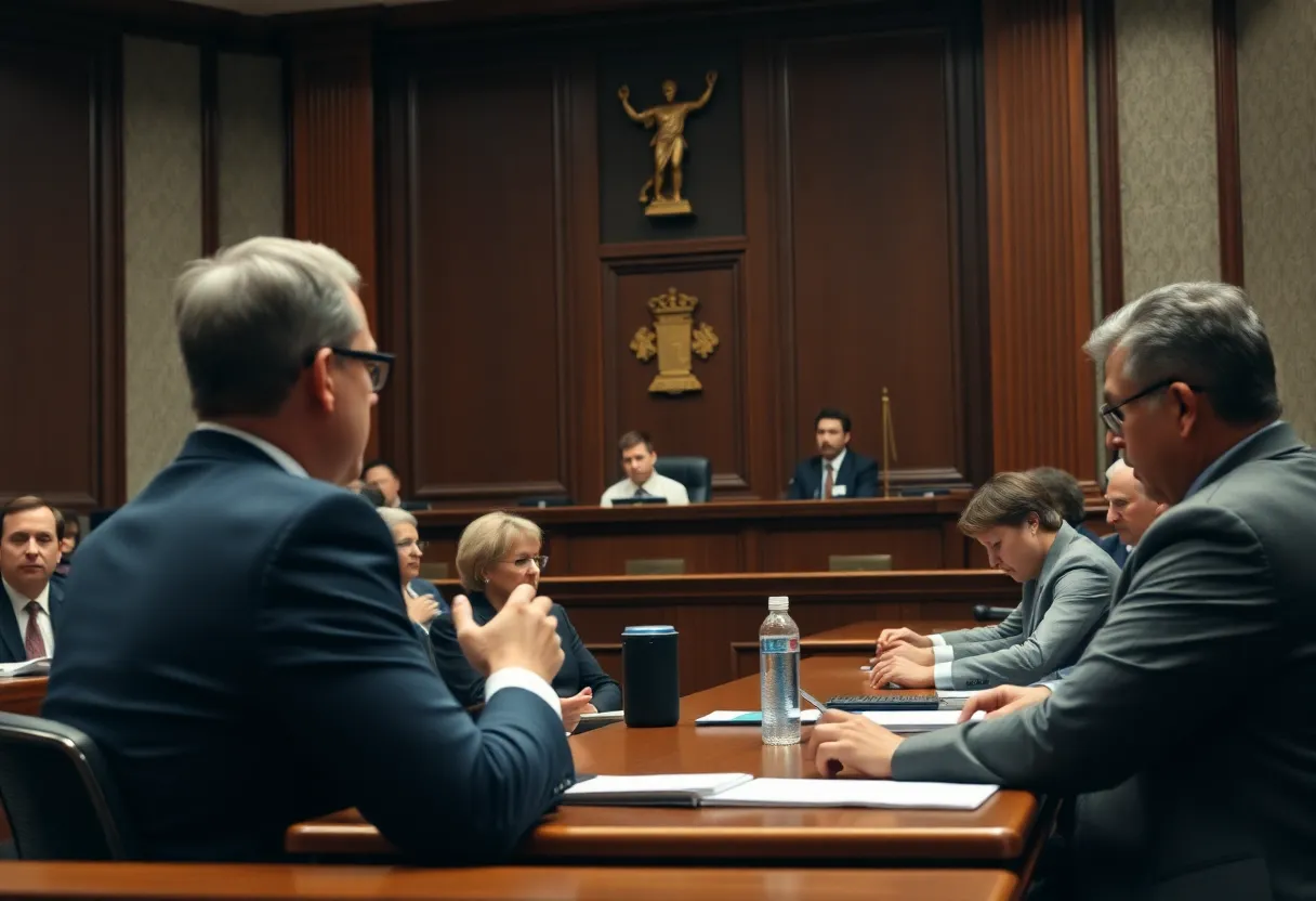 Inside a courtroom during a civil trial with legal professionals at work.