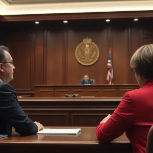 A courtroom setting depicting a judge and attorney
