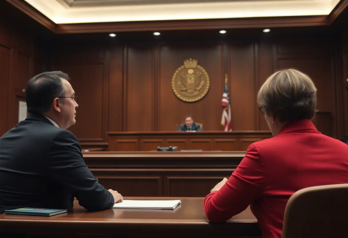A courtroom setting depicting a judge and attorney