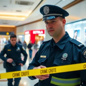 Police officer investigating at a shopping mall for credit card theft.