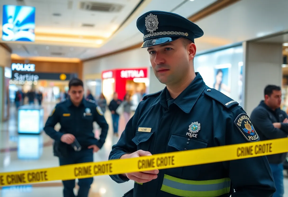 Police officer investigating at a shopping mall for credit card theft.