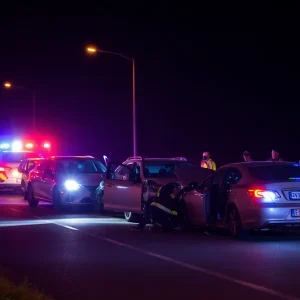 Emergency responders attending to a car accident scene at night.