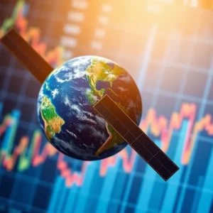 An artistic representation of a satellite in orbit accompanied by financial charts.