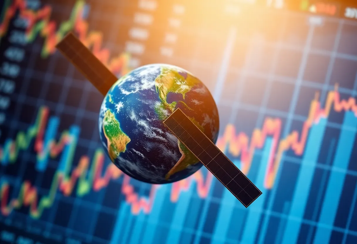 An artistic representation of a satellite in orbit accompanied by financial charts.