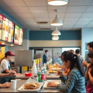 Workers and customers in a fast food restaurant