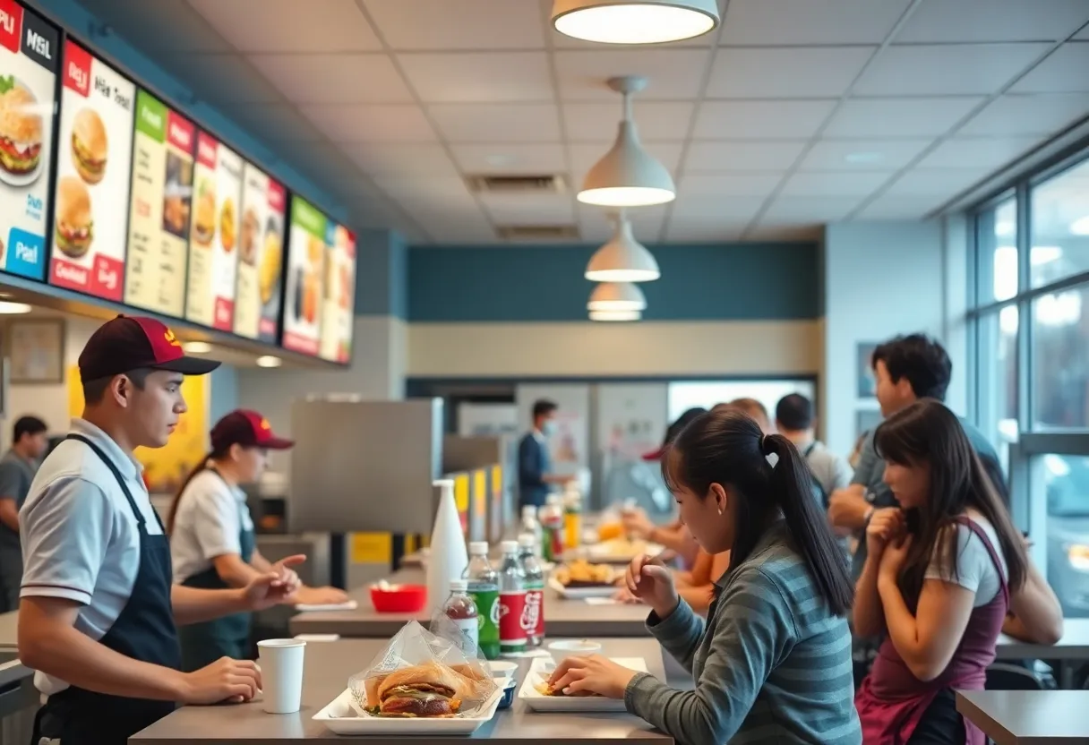 Workers and customers in a fast food restaurant