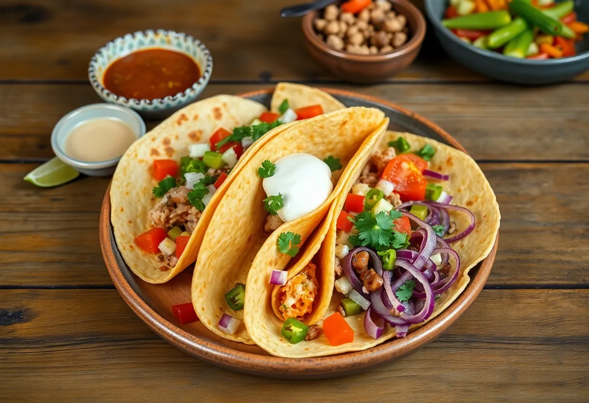 Plate of tlayudas with fresh toppings from Flor de Oaxaca