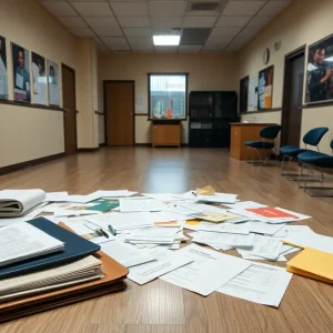 An empty police station with evidence of fraud investigation.