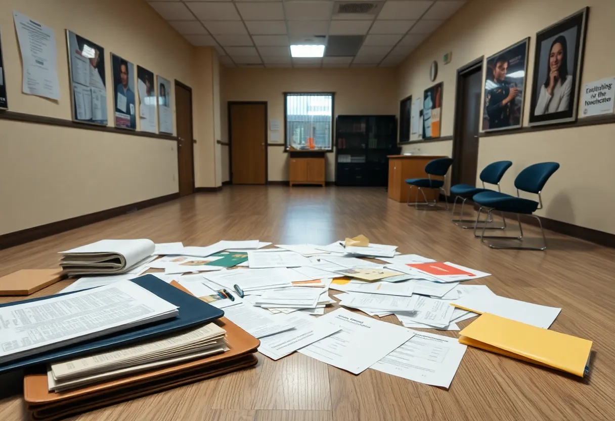 An empty police station with evidence of fraud investigation.