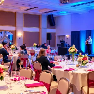 Guests at a fundraising event for music education in a beautifully decorated venue.