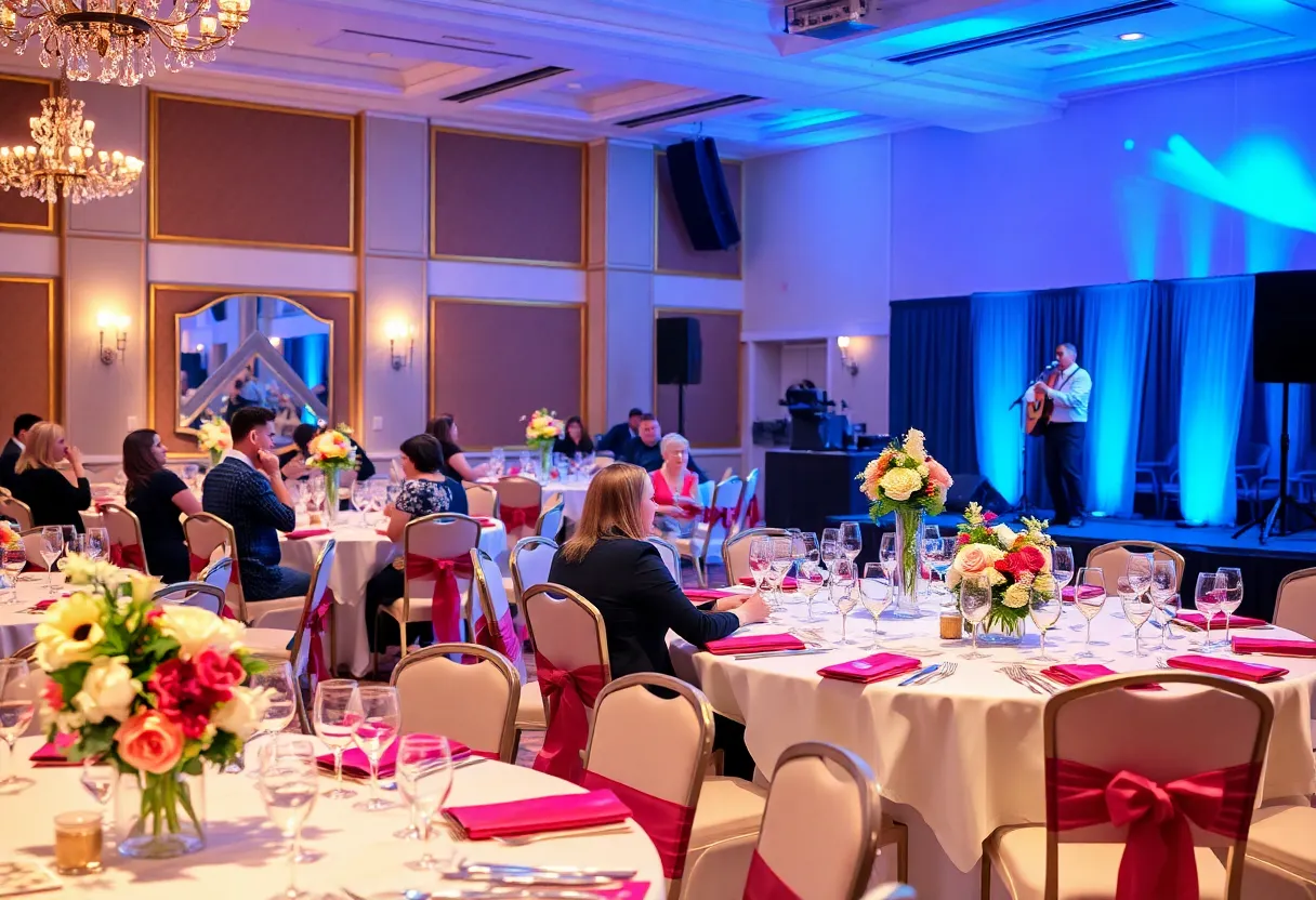 Guests at a fundraising event for music education in a beautifully decorated venue.