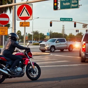 Illustration of a busy intersection in Garden Grove where a motorcycle accident occurred